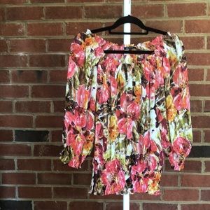 Ann Klein 100% polyester; will need a camisole under it; Floral; Pinks/Greens